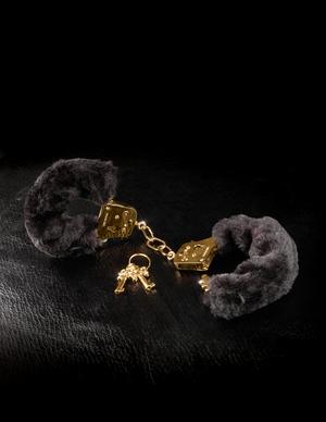 Deluxe Furry Cuffs Black Gold Handcuffs